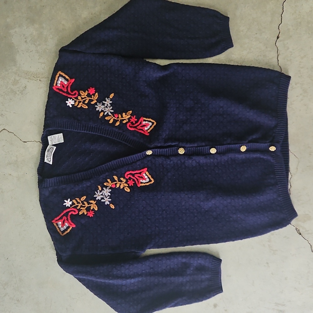 Vintage Villager Navy Cardigan with Floral Embroidery Grandmacore Cottagecore